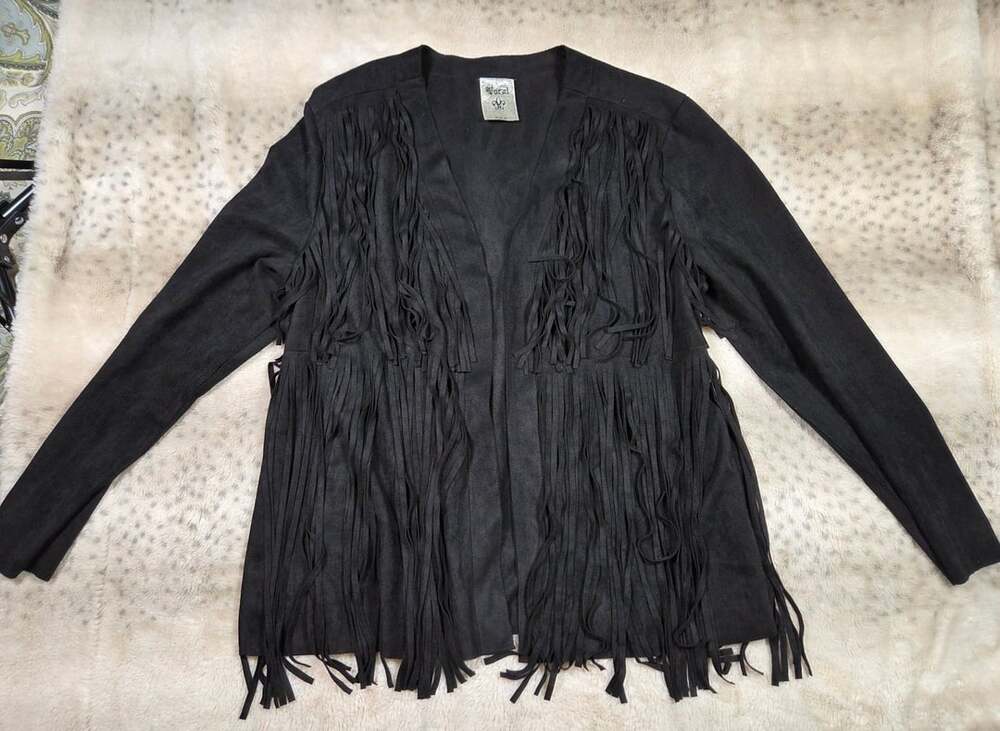 Vocal Faux Suede Fringe Jacket Size XL Black Open Front Cardigan
